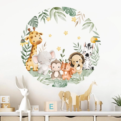 Aquarel Cartoon Dier Cirkel Muursticker PVC Zelfklevende Giraffe Olifant Sticker Voor Kinderkamer Kleuterschool Decor