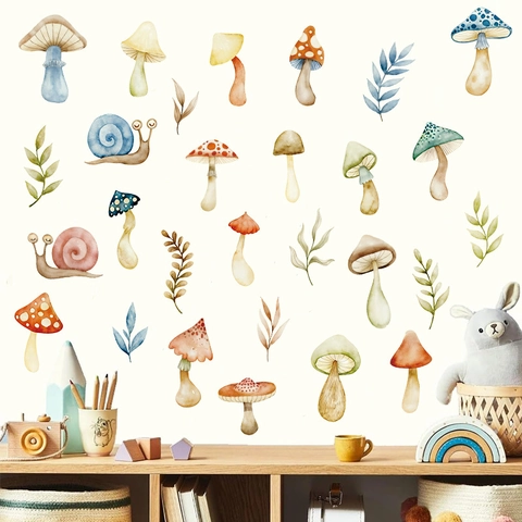 Aquarell Pilz Wandtattoo Für Kinderzimmer Schlafzimmer Dekor PVC Selbstklebend Schnecke Blatt Muster DIY Wandkunst Aufkleber