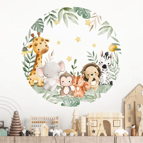 Aquarel Cartoon Dier Cirkel Muursticker PVC Zelfklevende Giraffe Olifant Sticker Voor Kinderkamer Kleuterschool Decor