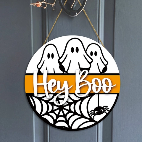 Halloween Ghost Wooden Door Hanging Sign Hey Boo Round Welcome Plaque With Hemp Rope For Front Door Wall Porch Party Decor