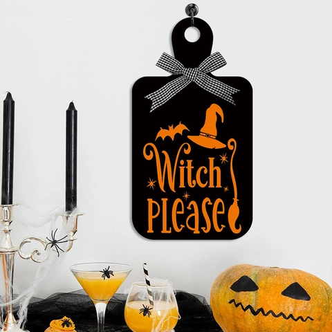 Halloween Witch Please Wooden Sign Witch Hat Bat Pattern Wall Plaque Poplar Wood Decorative Board With Bowknot For Party Home Decor