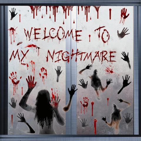 Halloween Horror Window Stickers Blood Handprint Ghost Silhouette Static Cling PVC Decals Spooky Party Supplies Home Glass Decor Set