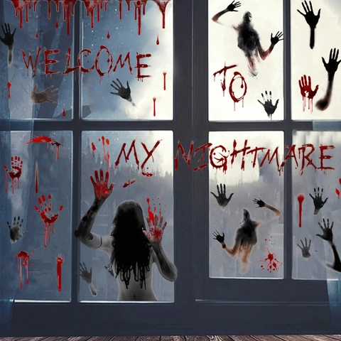 Halloween Horror Window Stickers Blood Handprint Ghost Silhouette Static Cling PVC Decals Spooky Party Supplies Home Glass Decor Set