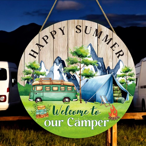 Round Wooden Hanging Sign Happy Summer Welcome To Our Camper Rustic Pastoral Wall Decor For Outdoor Camping Home Ornament