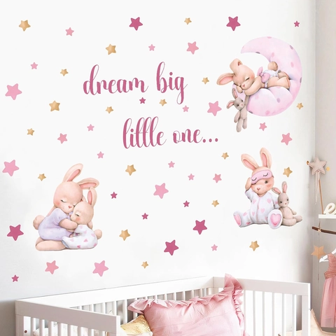 Bohemian Cartoon Rabbit Moon Stars Wall Stickers PVC Waterproof Watercolor Decorative Decal For Kids Bedroom Nursery Decor