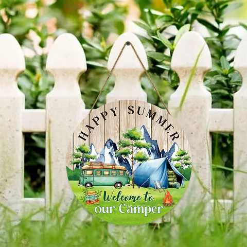 Round Wooden Hanging Sign Happy Summer Welcome To Our Camper Rustic Pastoral Wall Decor For Outdoor Camping Home Ornament