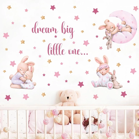 Bohemian Cartoon Rabbit Moon Stars Wall Stickers PVC Waterproof Watercolor Decorative Decal For Kids Bedroom Nursery Decor