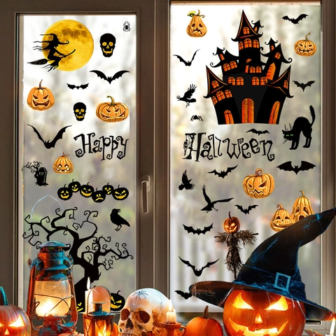 Halloween Pegatinas de Ventana Adherencia Estática PVC Bruja Calabaza Murciélago Castillo Extraíble Decoración Vidrio Fiesta Halloween