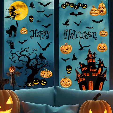 Halloween Statische Fensteraufkleber Set PVC Fledermaus Hexe Kürbis Katze Schloss Happy Halloween Glasfenster DIY Deko