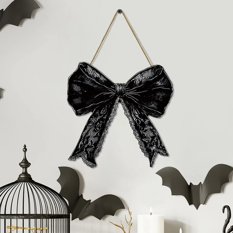 Halloween Gothic Black Bow Welcome Sign Wooden Door Hanging Decoration With Lace Print For Festive Party Home Wall Decor