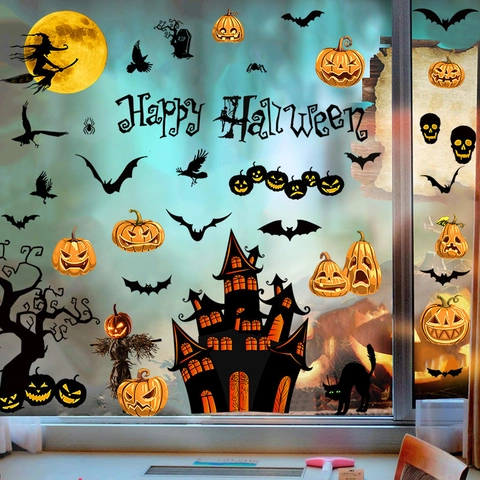 Halloween Pegatinas de Ventana Adherencia Estática PVC Bruja Calabaza Murciélago Castillo Extraíble Decoración Vidrio Fiesta Halloween