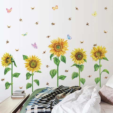 Sommer Frische Sonnenblume PVC Wandaufkleber Selbstklebend Blumen Biene Schmetterling Dekore Für Wohnzimmer Schlafzimmer Wand