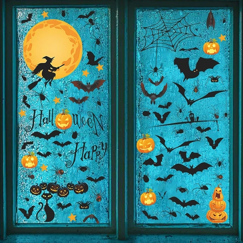 9 Sheets Halloween Window Clings Pumpkin Bat Witch Ghost Static Cling Decals For Glass Windows Halloween Party Home Decoration