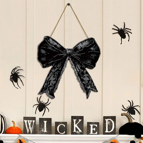 Halloween Gothic Black Bow Welcome Sign Wooden Door Hanging Decoration With Lace Print For Festive Party Home Wall Decor