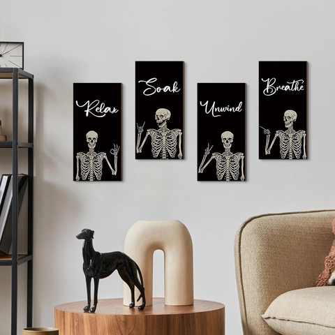 4Pcs Halloween Skeleton Wooden Wall Decor Relax Soak Unwind Breathe Gothic Vertical Hanging Sign For Bathroom Home Wall Art