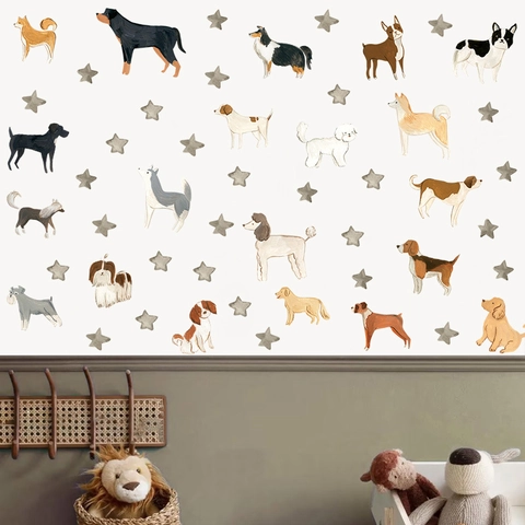 Stickers Muraux Dessin Animé Chien Chiot Étoile pour Chambre d'Enfant Chambre Aquarelle Peinte à la Main Stickers PVC Amovibles