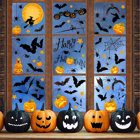 9 Sheets Halloween Window Clings Pumpkin Bat Witch Ghost Static Cling Decals For Glass Windows Halloween Party Home Decoration