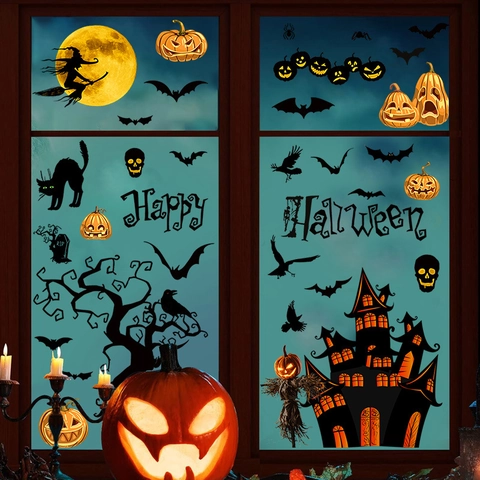Halloween Statische Fensteraufkleber Set PVC Fledermaus Hexe Kürbis Katze Schloss Happy Halloween Glasfenster DIY Deko