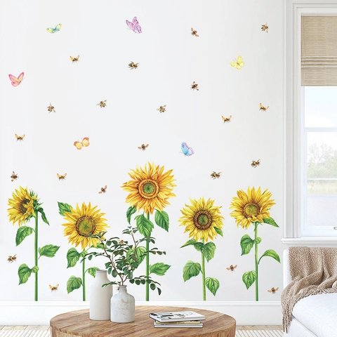 Sommer Frische Sonnenblume PVC Wandaufkleber Selbstklebend Blumen Biene Schmetterling Dekore Für Wohnzimmer Schlafzimmer Wand