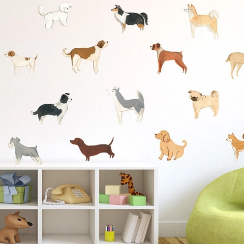 Stickers Muraux Dessin Animé Chien Chiot Étoile pour Chambre d'Enfant Chambre Aquarelle Peinte à la Main Stickers PVC Amovibles