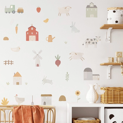 Cartoon Farm Animals Wall Stickers For Kids Room Nursery Decor PVC Barn Windmill Morandi Color Home Waterproof DIY Decals