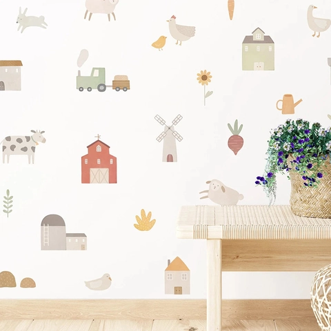 Cartoon Farm Animals Wall Stickers For Kids Room Nursery Decor PVC Barn Windmill Morandi Color Home Waterproof DIY Decals
