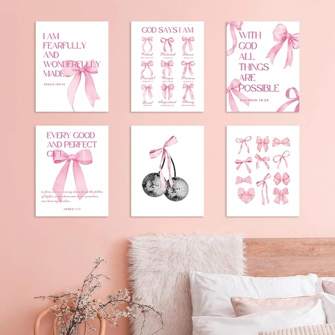 Art Mural Esthétique Nœud Rose Impressions sur Toile Versets Bibliques Chrétiens Boule à Facettes Affiche Motivationnelle Décoration de Chambre Fille Sans Cadre