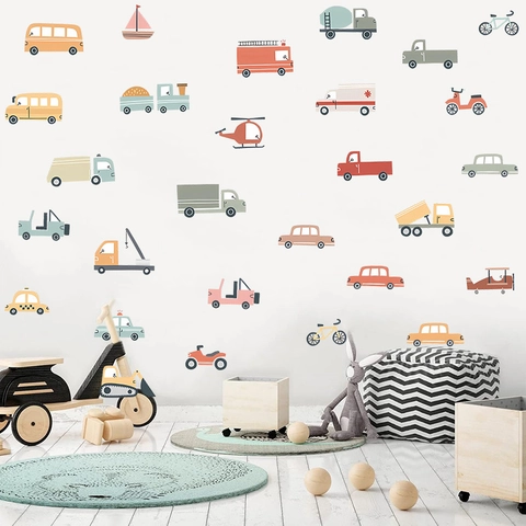 Cartoon Transportation Vehicles Wall Stickers PVC Self Adhesive Car Fire Truck Decor For Kids Room Nursery Bedroom Decor