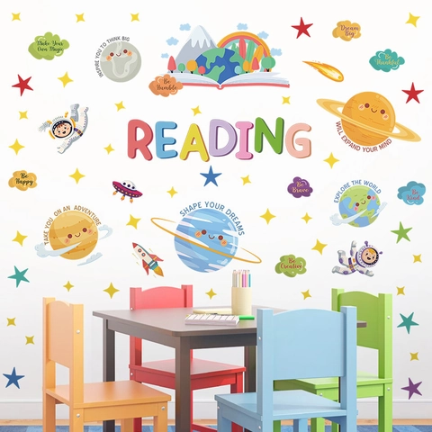 Cartoon Weltraum Lesen Fantasie PVC Wandaufkleber Für Kinderzimmer Klassenraum Selbstklebend Inspirierende Dekorative Aufkleber