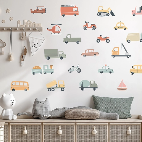 Cartoon Transportation Vehicles Wall Stickers PVC Self Adhesive Car Fire Truck Decor For Kids Room Nursery Bedroom Decor