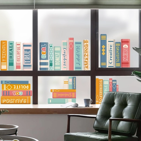 Back To School Bookshelf Static Glass Window Stickers Motivational English Words Classroom Bookstore PVC Decorative Wall Decals