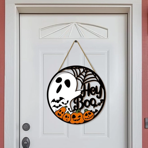 Halloween Wooden Wall Hanging Ghost Sign Pumpkin Bat Spider Web Hollow Round Door Decor Hey Boo Holiday Party Art Ornament