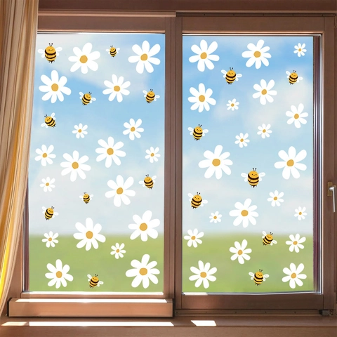 Weiße Gänseblümchen Biene Statisch Haftende Fensteraufkleber Abnehmbare PVC Glasaufkleber Für Kinderzimmer Wohnzimmer Deko