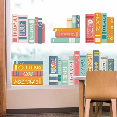 Back To School Bookshelf Static Glass Window Stickers Motivational English Words Classroom Bookstore PVC Decorative Wall Decals
