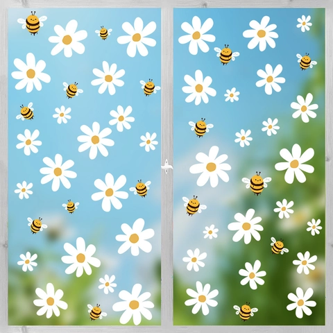 Weiße Gänseblümchen Biene Statisch Haftende Fensteraufkleber Abnehmbare PVC Glasaufkleber Für Kinderzimmer Wohnzimmer Deko