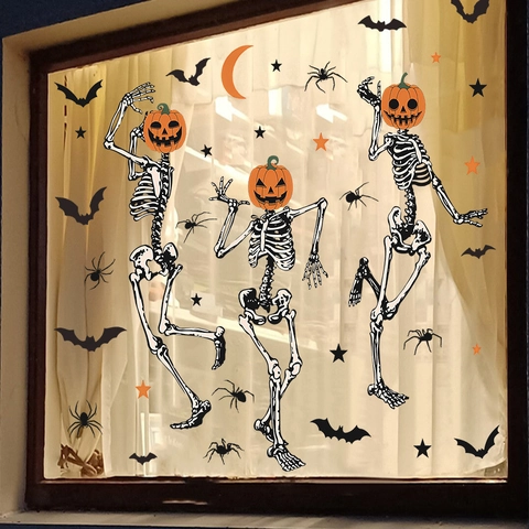 Halloween Window Clings Pumpkin Skeleton Wall Stickers Bat Spider Decals Removable PVC Holiday Party Home Decor DIY Mural