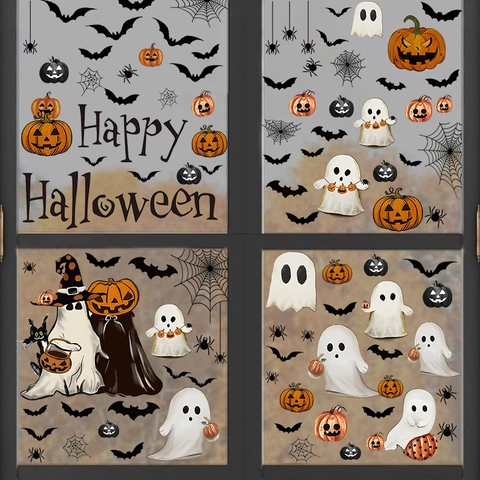 Halloween Window Stickers PVC Static Cling Pumpkin Ghost Bat Spiderweb Decals For Home Glass Festive Decoration Spooky Ornament