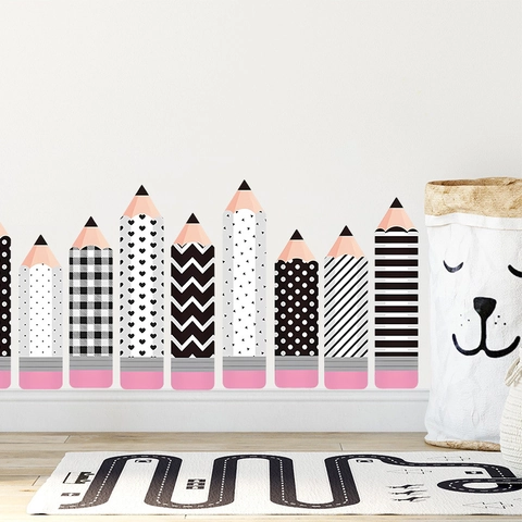 Nordic Style Pencil Wall Stickers PVC Removable Cartoon Geometric Pattern Decals For Kids Room Classroom Wall Decoration