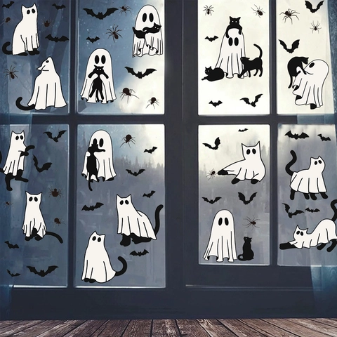 Halloween Ghost Window Stickers Cute Cat Bat Spider Static Cling PVC Decals For Glass Window Party Decor Removable Decor