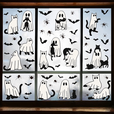 Halloween Ghost Window Stickers Cute Cat Bat Spider Static Cling PVC Decals For Glass Window Party Decor Removable Decor