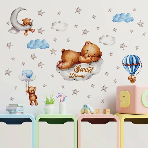 Lindos Adhesivos de Pared de Oso de Dibujos Animados Para Habitación de Niños Guardería PVC Sweet Dreams Globo Aerostático Estrellas Nubes Impermeable Calcomanías de Pared Autoadhesivas