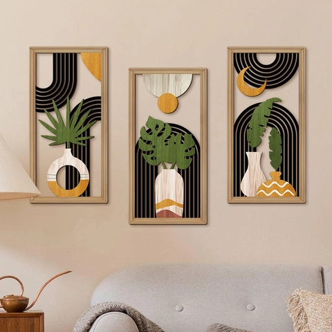 3 Stück Boho Holz Wanddeko Abstrakt Geometrisch Pflanzenblätter Hohl Holz Wandkunst Set Für Wohnzimmer Schlafzimmer Home Office Dekorationen