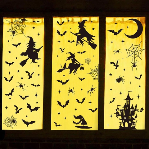 Halloween Static Cling Window Decals Black Silhouette Witch Bat Spider Castle Moon Decorative PVC Glass Sticker For Party