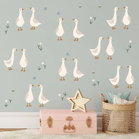 Cartoon Goose Wall Stickers For Kids Room Nursery Kindergarten PVC Self Adhesive Decorative Animal Decals With Bees Flowers