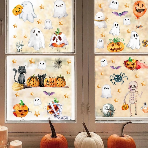 4 Feuilles Stickers Fenêtre PVC Halloween Dessin Animé Fantôme Citrouille Squelette Chauve-souris Pour Déco Maison Frigo
