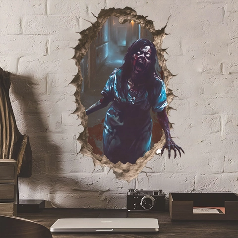 3D Halloween Wall Sticker PVC Horror Zombie Ghost Slasher Crack Effect Removable Window Decal Haunted House Party Decor