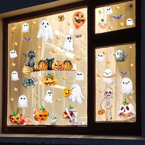 4 Feuilles Stickers Fenêtre PVC Halloween Dessin Animé Fantôme Citrouille Squelette Chauve-souris Pour Déco Maison Frigo