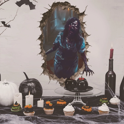 3D Halloween Wall Sticker PVC Horror Zombie Ghost Slasher Crack Effect Removable Window Decal Haunted House Party Decor