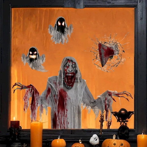 Halloween Horror Zombie Window Sticker PVC Self-Adhesive Wall Decals Bloody Axe Ghost Stickers For Spooky Party Decorations