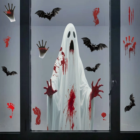 Halloween Fensteraufkleber Horror Blut Handabdruck Fußabdruck Weißer Geist Fledermaus Set PVC Statischer Aufkleber Für Deko